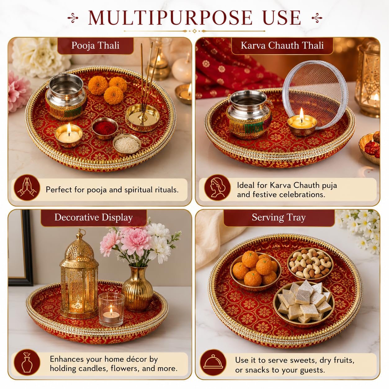 Pure Source India Traditional Banarasi Floral Brocade Design Karwa Chauth Pooja Thali Set with Channi, Karwa Lota for Married Women & Bridal Gift