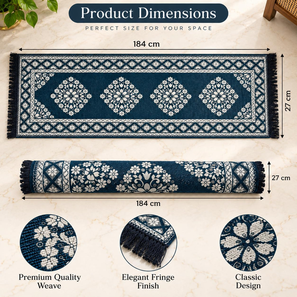 Pure Source India Blue Cotton Yoga Mat for Women and Men, 2X6 feet, 3mm thick, Light Weight, Machine Washable, Home Exercise