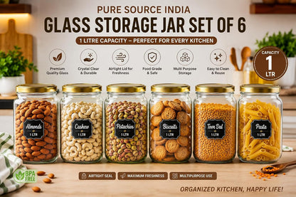 Pure Source India 1 Litre Glass Storage Jar with Airtight Lid | Food-Safe Multipurpose Container for Kitchen & Pantry | Dry Fruits, Spices, Tea, Coffee, Sugar, Snacks & Grocery Storage