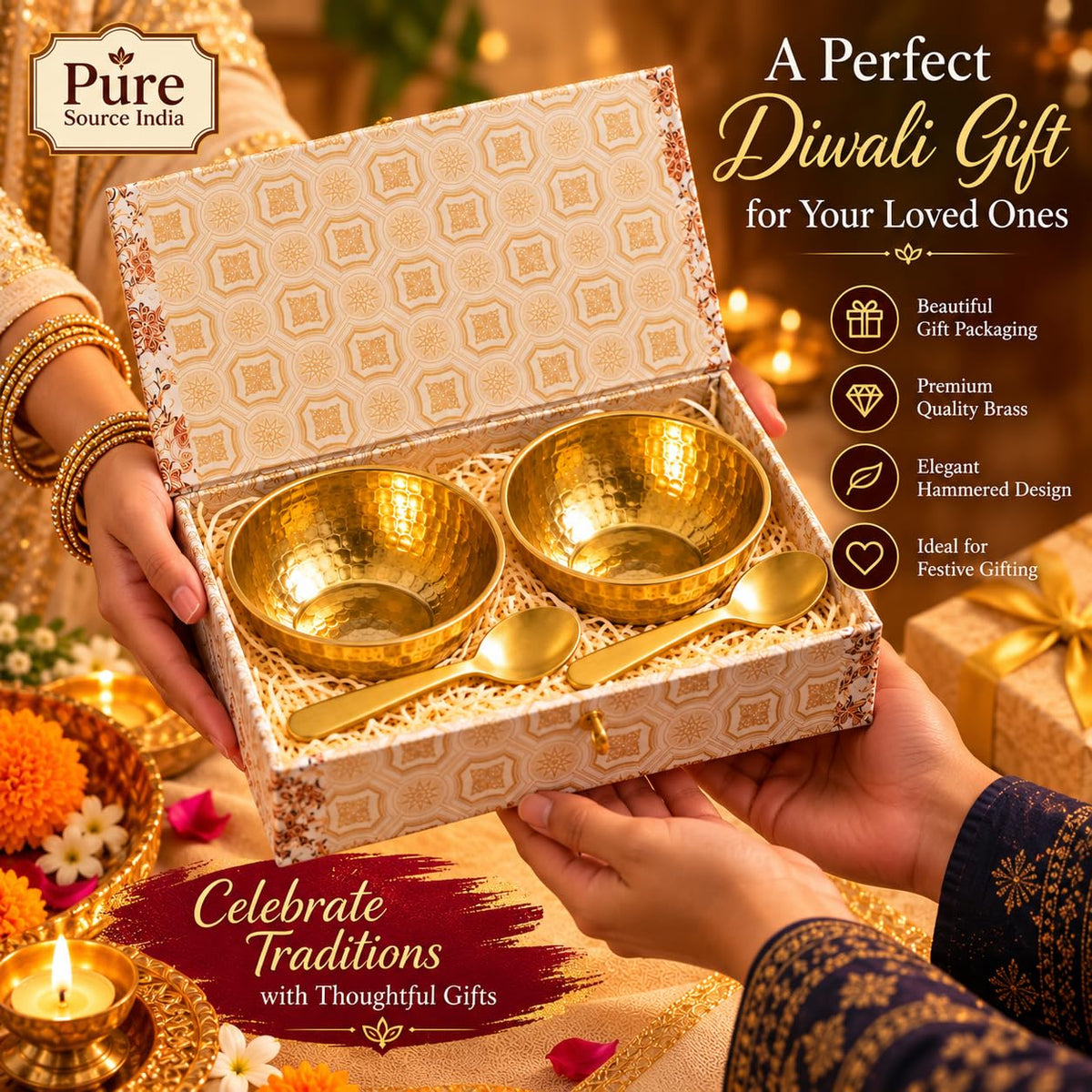 Pure Source India Gift Set with 2 Hammered Brass Bowls & 2 Spoons, for Diwali, Wedding, Housewarming & Festive Gifting