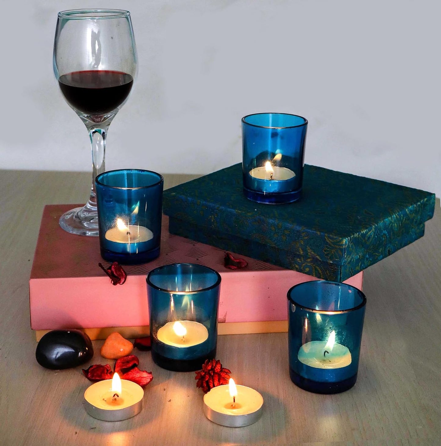 Pure Source India Set of 6 Blue Glass Votive Tealight Candle Holders - Living Room Side Table Home Decoration (Glass)
