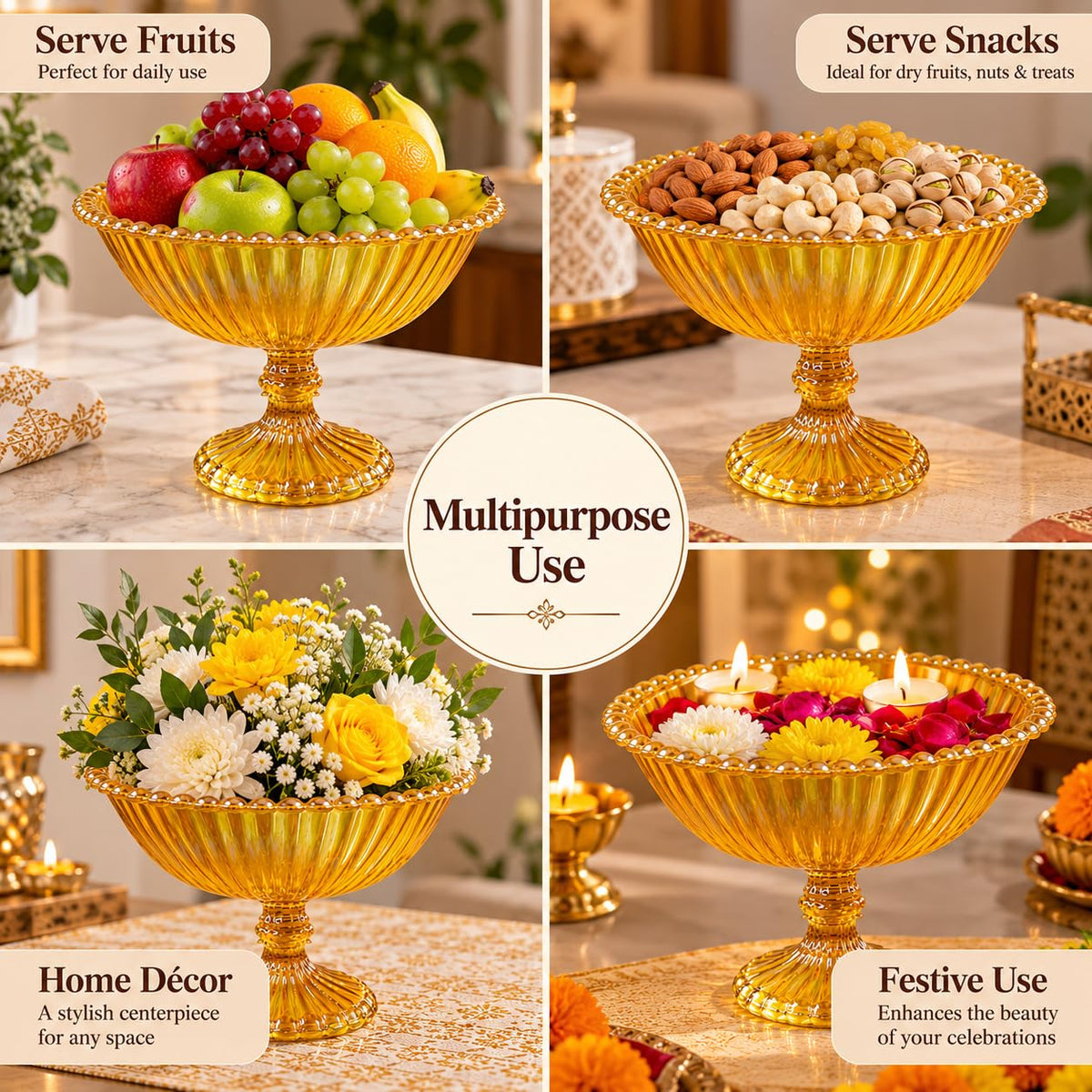 Pure Source India Yellow Glass Fruit Bowl 7.5 Inch | Decorative Ribbed Pedestal Bowl for Fruits, Snacks, Desserts & Table Centerpiece | Elegant Gold Serving Bowl