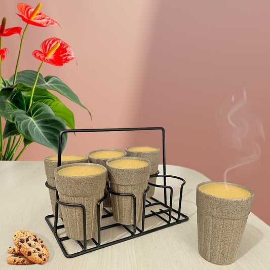 Pure Source India Ceramic Matte Finish Cutting Chai Tea Glasses with Iron Holder, 120ml | Traditional Indian Tea Cups for Home, Kitchen, Café, Restaurant & Dhaba | Tea Serving Set