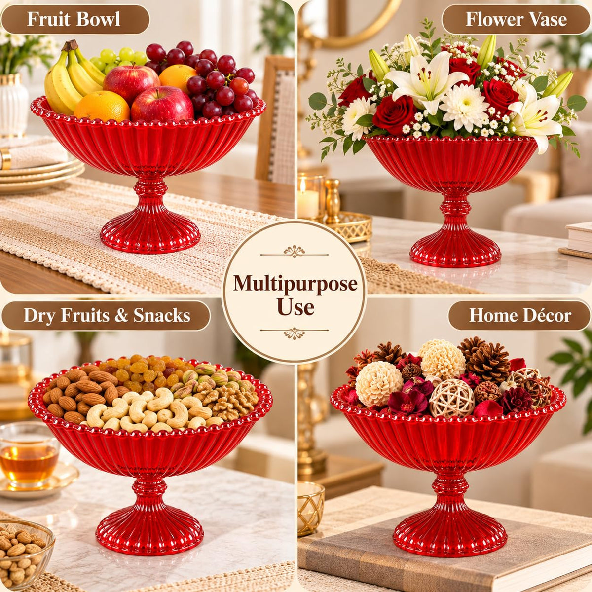Pure Source India Red Glass Fruit Bowl 7.5 Inch | Decorative Ribbed Pedestal Bowl for Fruits, Snacks, Desserts & Table Centerpiece | Elegant Gold Serving Bowl
