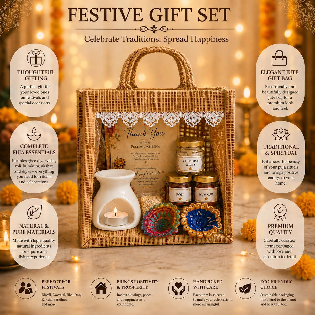 Pure Source India Diwali Pooja Gift Set with Roli Kumkum & Ghee Wicks Complete Diwali pooja and gifting combo (White)