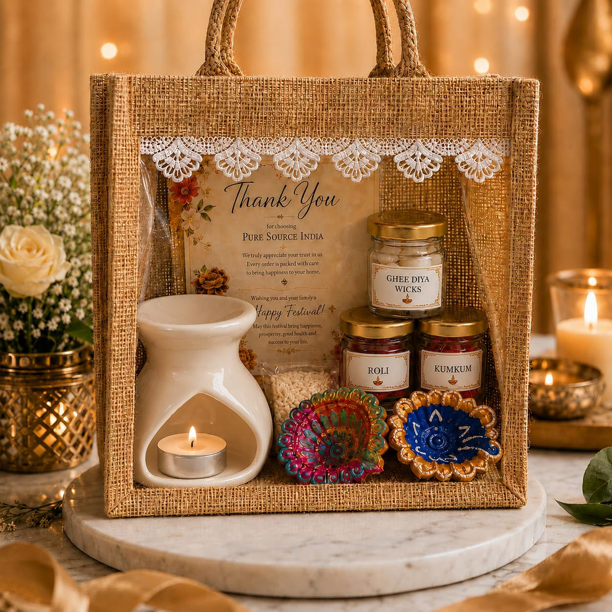 Pure Source India Diwali Pooja Gift Set with Roli Kumkum & Ghee Wicks Complete Diwali pooja and gifting combo (White)