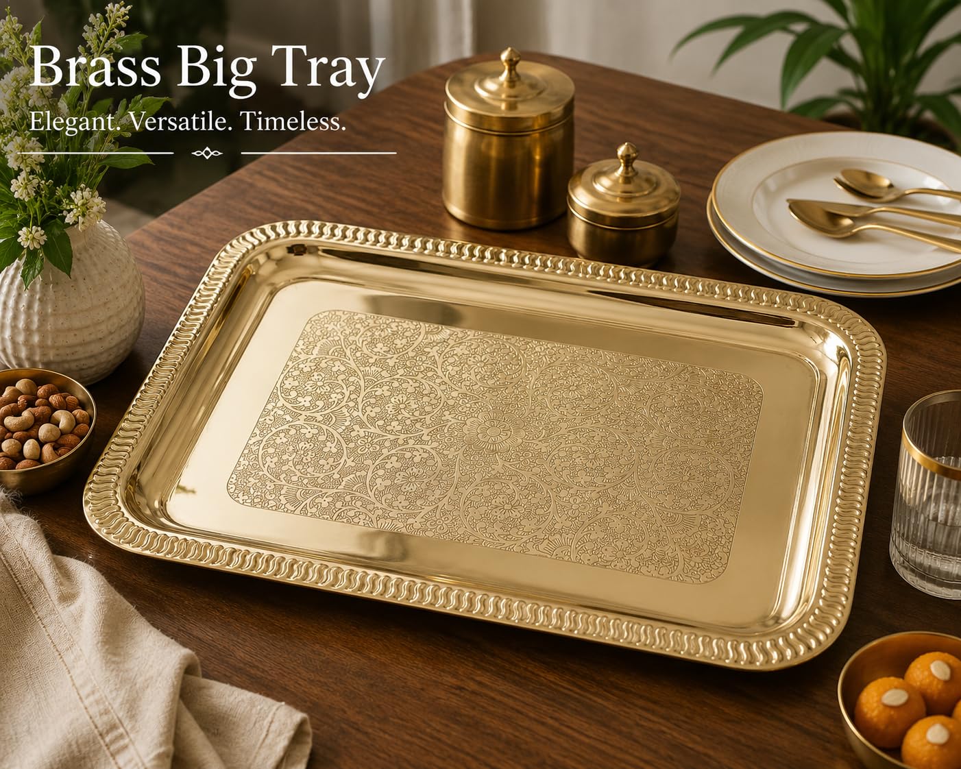 Pure Source India Large Decorative Brass Serving Tray 13.8 x 9.8 Inch | Premium Rectangular Brass Platter for Tea, Coffee, Snacks & Dry Fruits