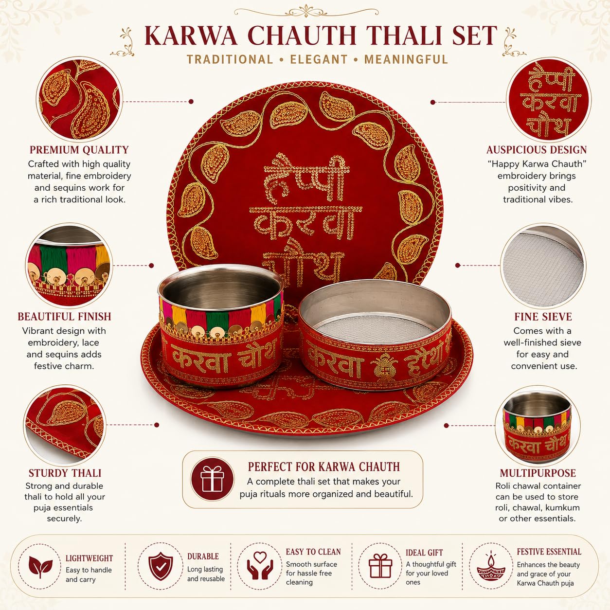 Pure Source India Decorated Karwa Chauth Pooja Thali Set with Channi, Karwa Lota| Handmade Red & Gold Velvet Karva Chauth Puja Thali | Traditional Bridal Vrat Gift Set for Married Women