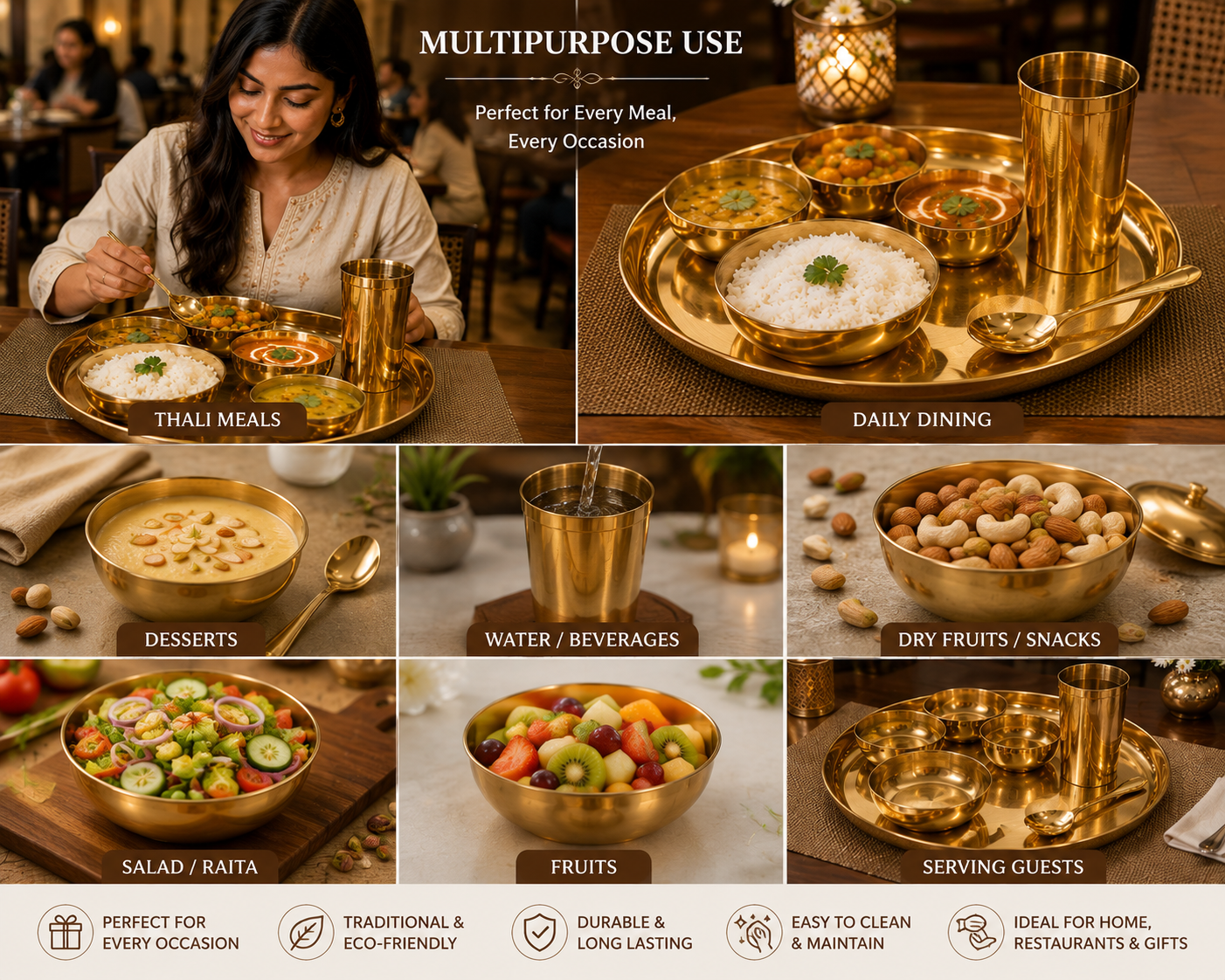 Pure Source India Kansa Solid Thali Set for Home, Kitchen, Dinning Table, Hotel & Gifting Purpose Set of 6 (Gold)