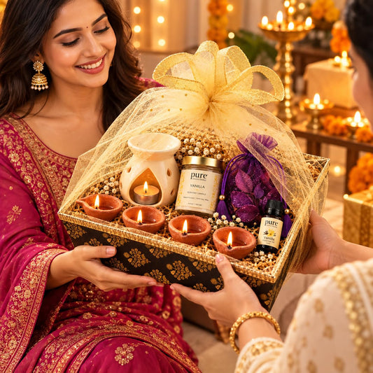 Pure Source India Diwali Corporate Gift Hamper | Premium White Aroma Burner, Candle, Essential Oil, Potli & 3 Diyas