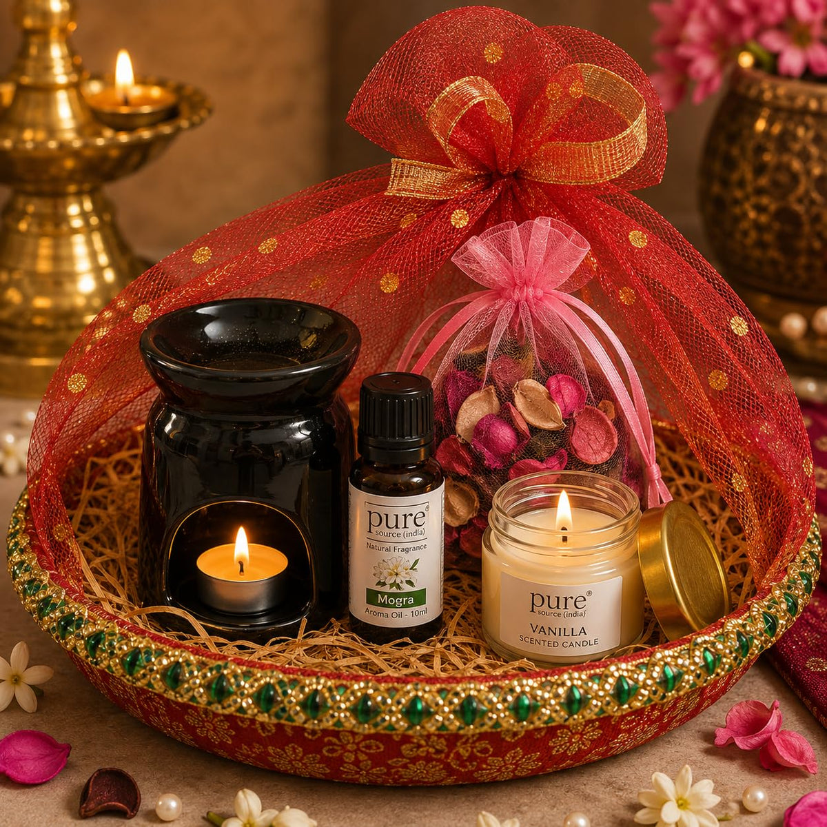 Pure Source India Diwali Gift Set with Black 3 Hole Aroma Burner, Aroma Oil, Scented Candle & Potpourri Potli | Festive Home Fragrance Gift Hamper
