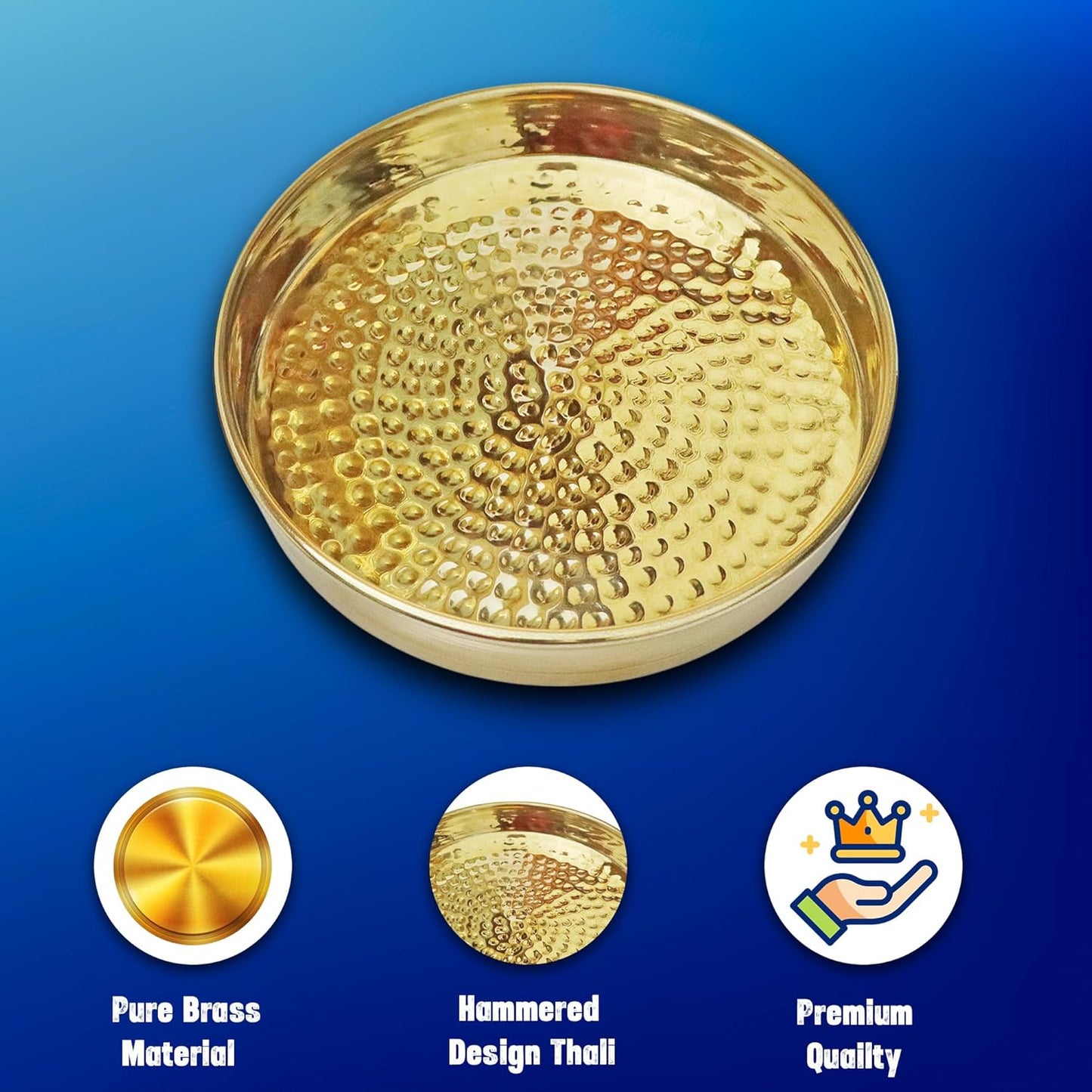 Pure Source India Pure Brass Hammered Thali/Tray, Heavy Weight Dinner Plate, Gold, Round, Pack of 1