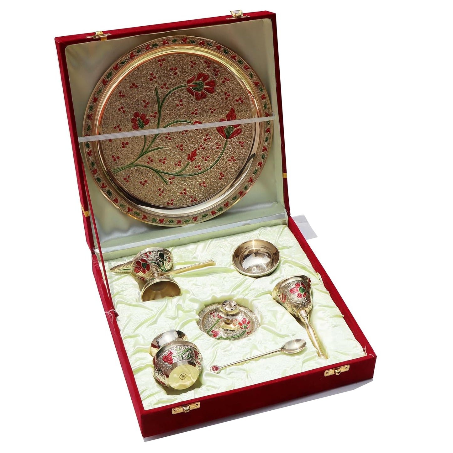 Flower Embossed Colourful Meenakari Decorated Premium Brass Pooja Thali Set with Red Velvet Box, Festival Religious Return Gift Item