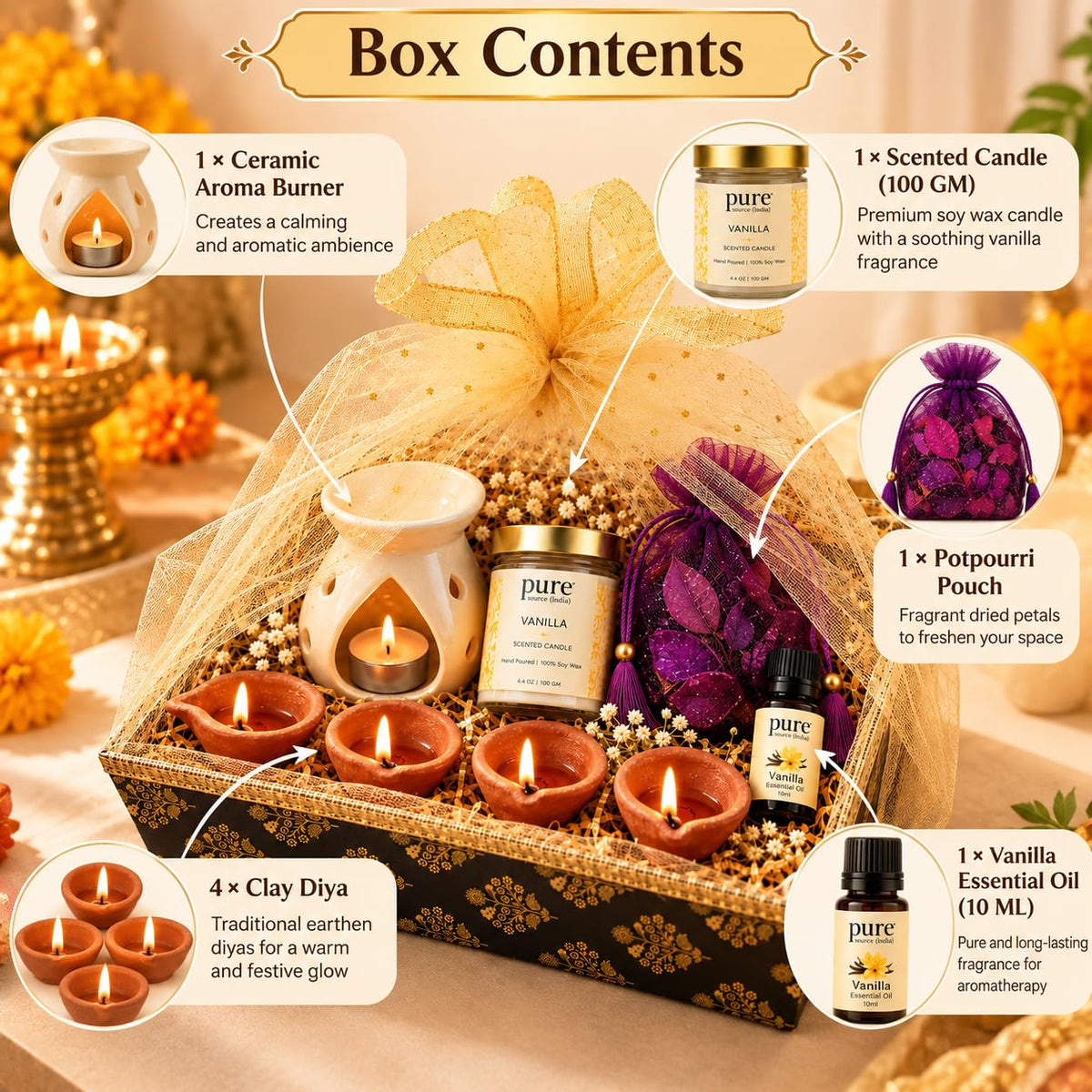 Pure Source India Diwali Corporate Gift Hamper | Premium White Aroma Burner, Candle, Essential Oil, Potli & 3 Diyas