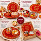 Pure Source India Decorated Karwa Chauth Pooja Thali Set with Channi, Karwa Lota| Handmade Red & Gold Velvet Karva Chauth Puja Thali | Traditional Bridal Vrat Gift Set for Married Women