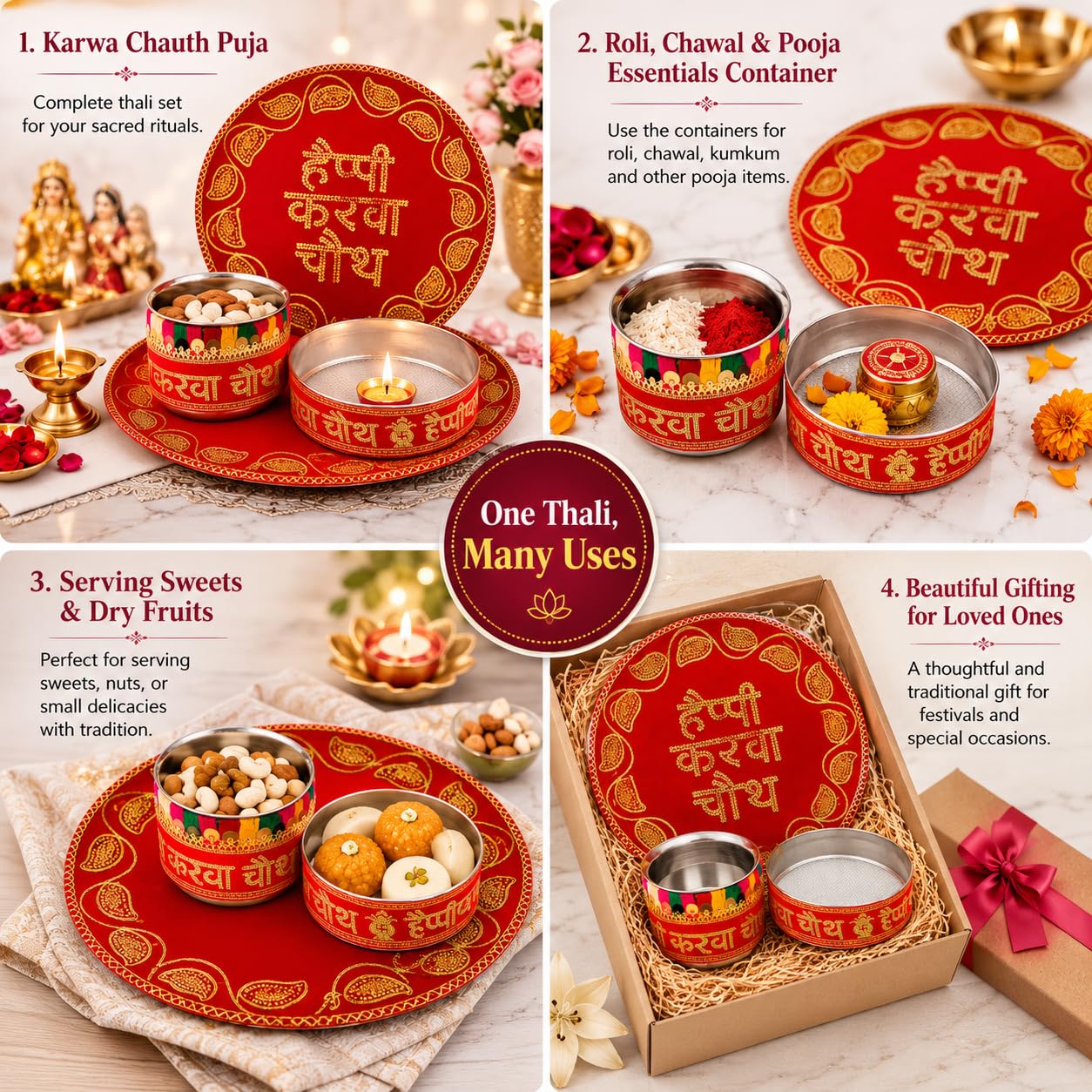 Pure Source India Decorated Karwa Chauth Pooja Thali Set with Channi, Karwa Lota| Handmade Red & Gold Velvet Karva Chauth Puja Thali | Traditional Bridal Vrat Gift Set for Married Women