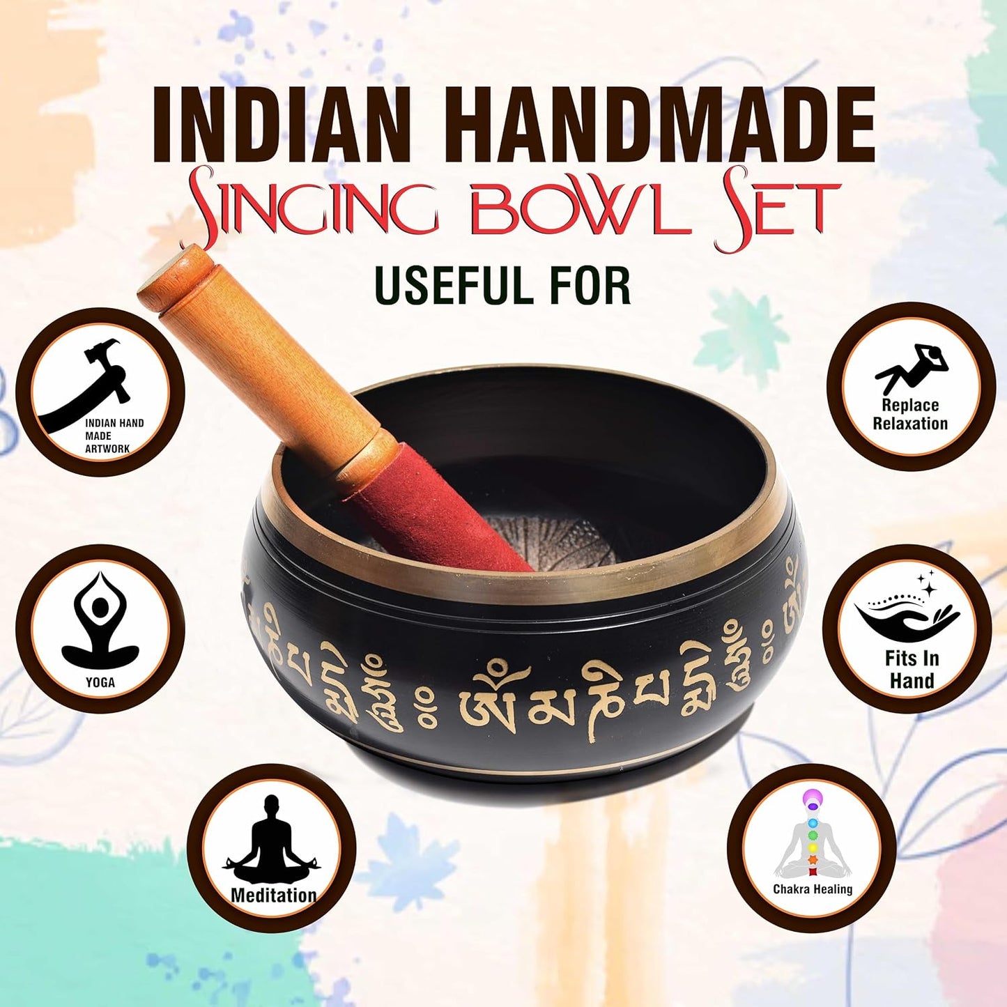 Pure Source India Tibetan Singing Bowl with Striker Stick, 5.75 Inch | OM Design Meditation Bowl | Buddhist Prayer & Sound Therapy Instrument for Meditation, Yoga, Relaxation & Spiritual Practice