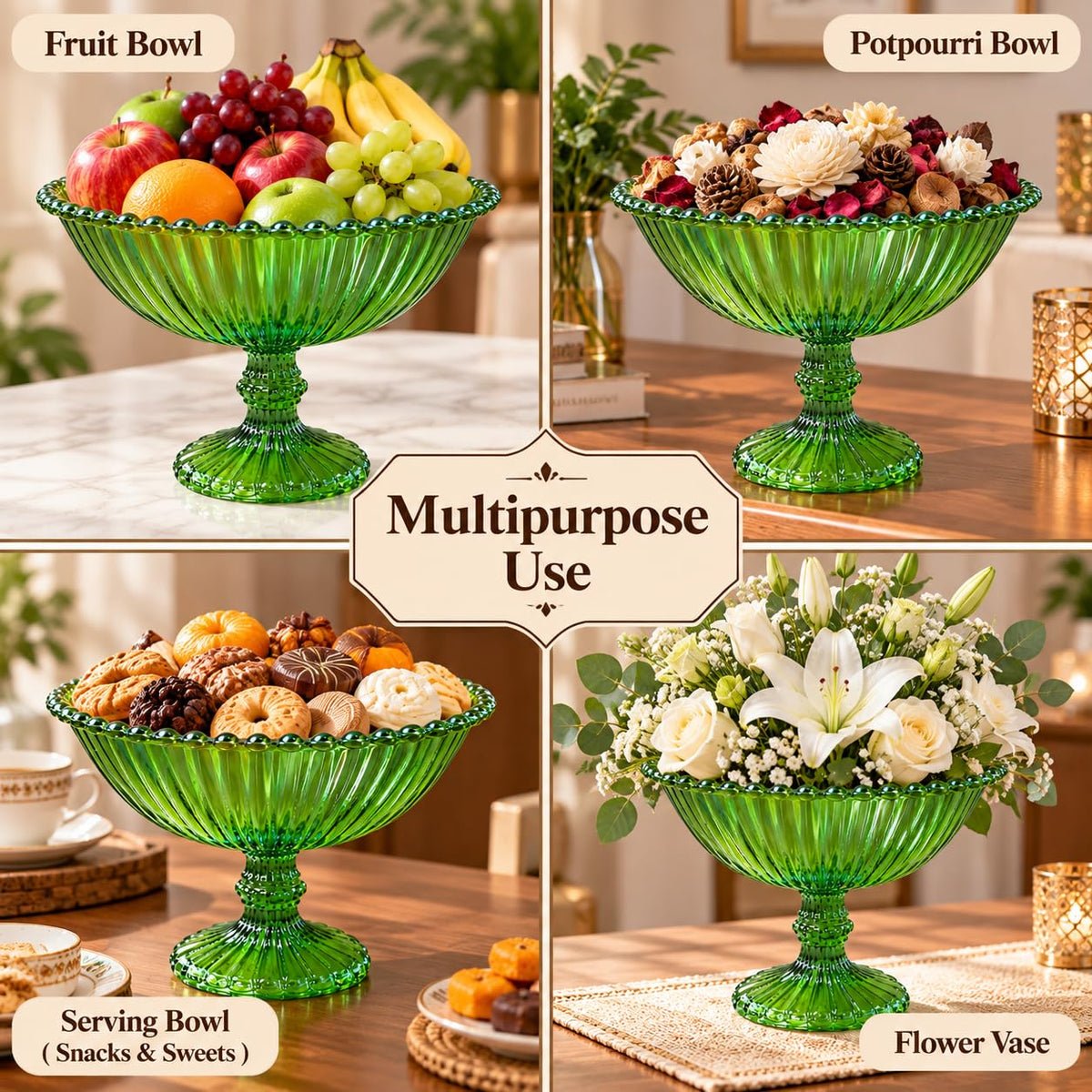 Pure Source India Green Glass Fruit Bowl 7.5 Inch | Decorative Ribbed Pedestal Bowl for Fruits, Snacks, Desserts & Table Centerpiece | Elegant Gold Serving Bowl