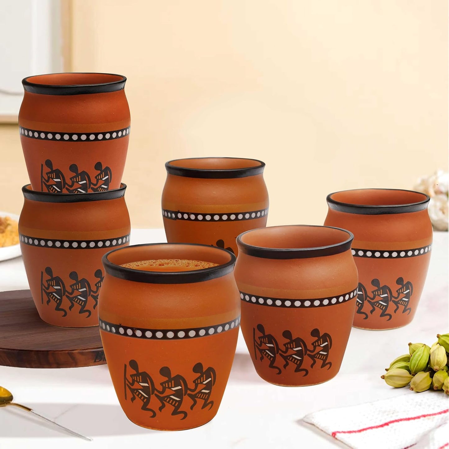 Pure Source India Terracotta Clay Cups 150ml– Handcrafted Kulhad Style Tea Glasses with Tribal Art Design for Tea, Coffee, Milk, or Décor