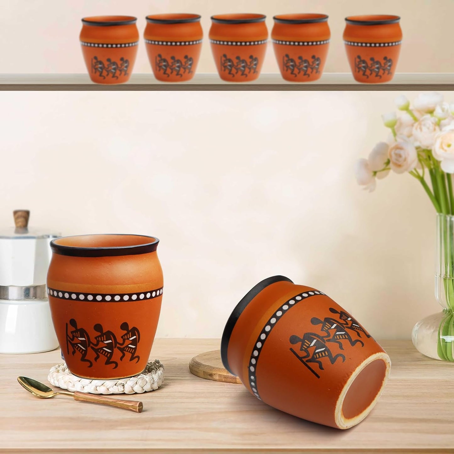 Pure Source India Terracotta Clay Cups 150ml– Handcrafted Kulhad Style Tea Glasses with Tribal Art Design for Tea, Coffee, Milk, or Décor