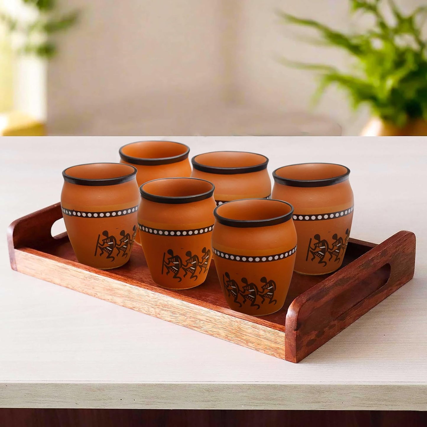 Pure Source India Terracotta Clay Cups 150ml– Handcrafted Kulhad Style Tea Glasses with Tribal Art Design for Tea, Coffee, Milk, or Décor
