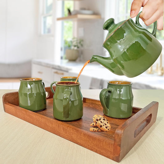 Pure Source India Ceramic Tea Cup Set with Kettle & Serving Tray | 4 Cups 200ml + 700ml Teapot + Tray | 6 Piece Tea Set for Gifting & Daily Use