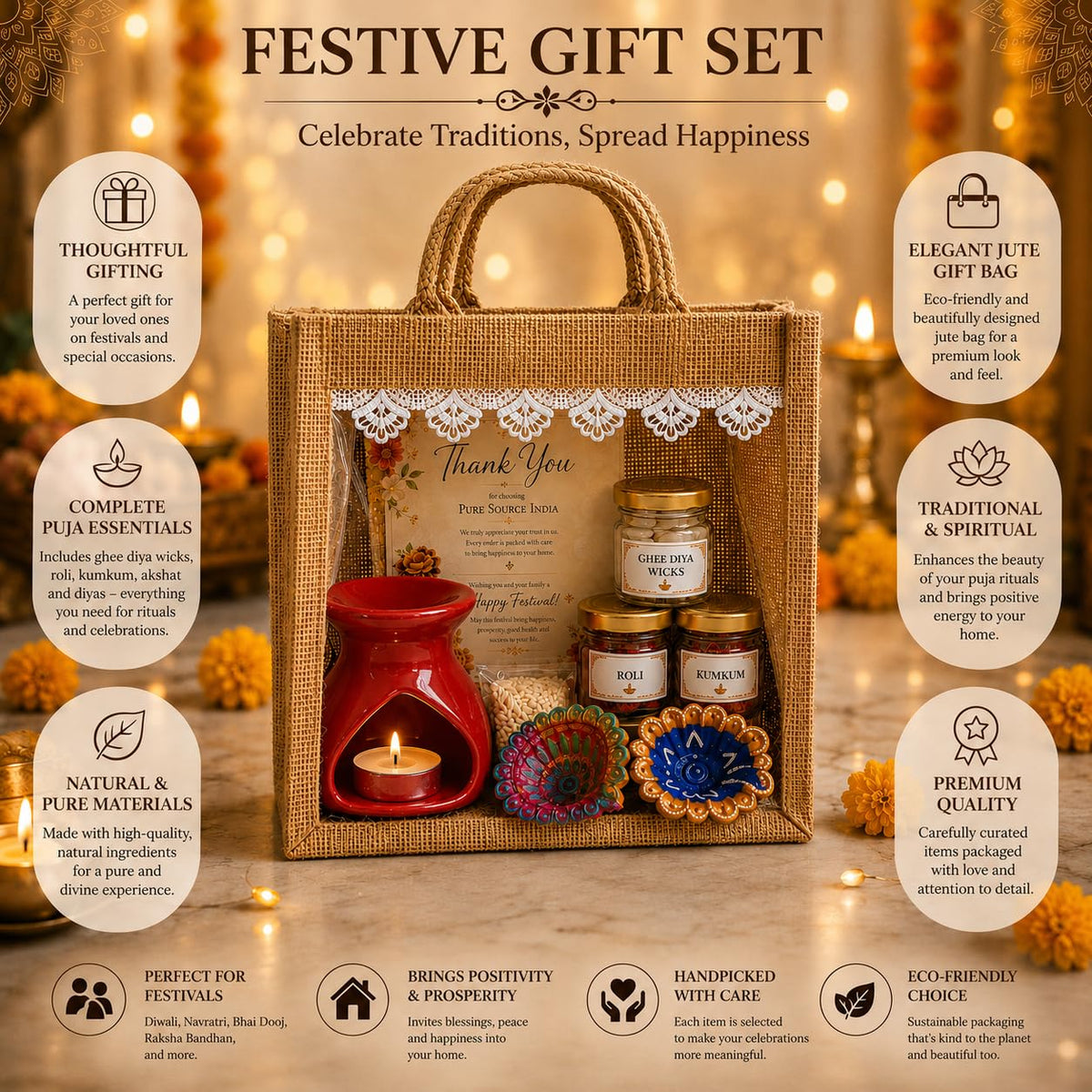 Pure Source India Diwali Pooja Gift Set with Roli Kumkum & Ghee Wicks Complete Diwali pooja and gifting combo (Red)