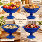 Pure Source India Blue Glass Fruit Bowl 7.5 Inch | Decorative Ribbed Pedestal Bowl for Fruits, Snacks, Desserts & Table Centerpiece | Elegant Gold Serving Bowl