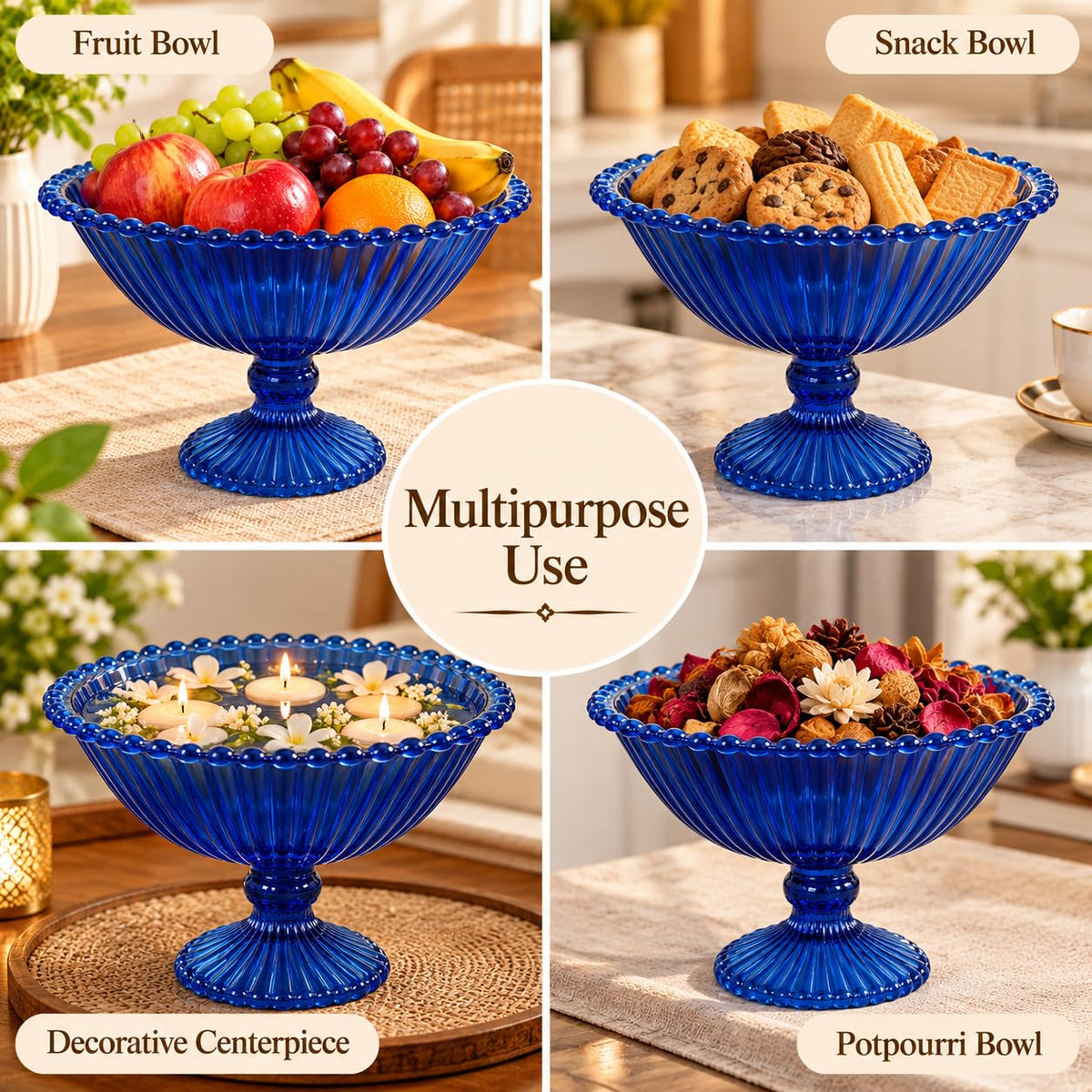 Pure Source India Blue Glass Fruit Bowl 7.5 Inch | Decorative Ribbed Pedestal Bowl for Fruits, Snacks, Desserts & Table Centerpiece | Elegant Gold Serving Bowl