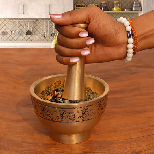 Pure Source India Pure Brass Imam Dasta/Mortar and Pestle Set/Ohkli Musal/Kharal- 4 Inches