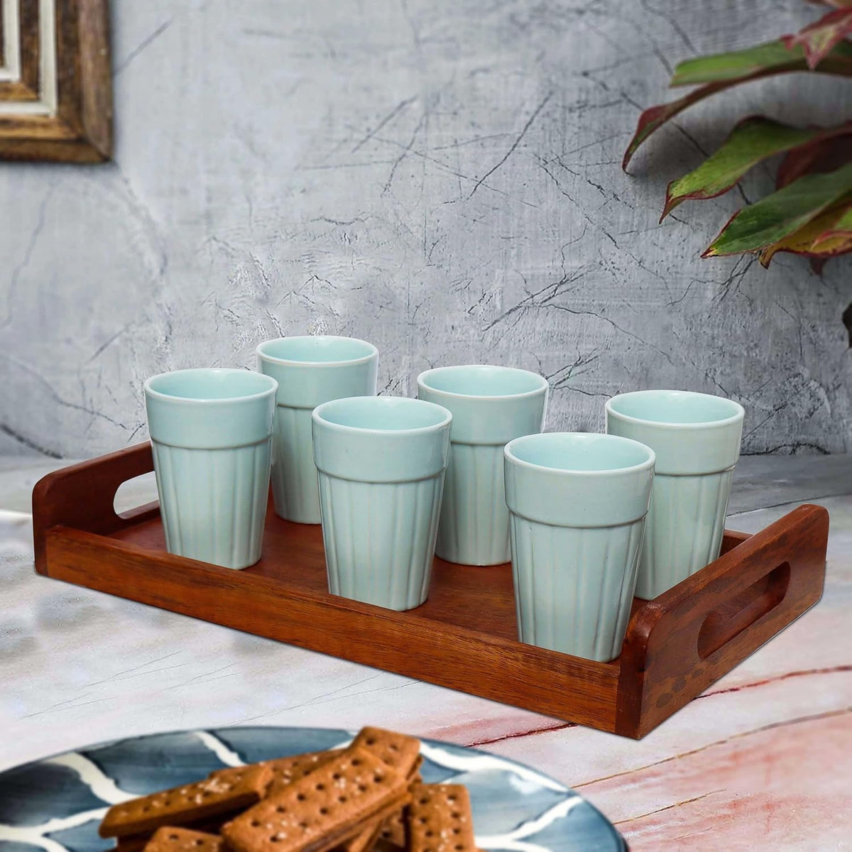 Pure Source India Ceramic Matte Finish Cutting Chai Tea Glasses with Iron Holder, 120ml | Traditional Indian Tea Cups for Home, Kitchen, Café, Restaurant & Dhaba | Tea Serving Set