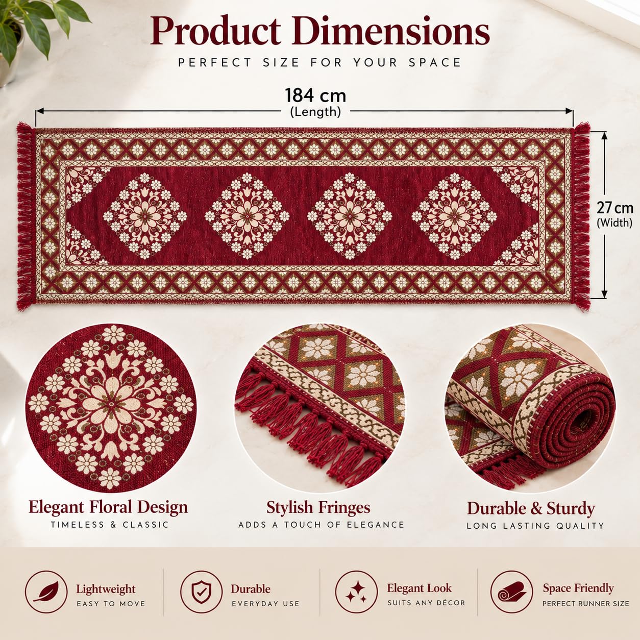 Pure Source India Maroon Cotton Yoga Mat for Women and Men, 2X6 feet, 3mm thick, Light Weight, Machine Washable, Home Exercise