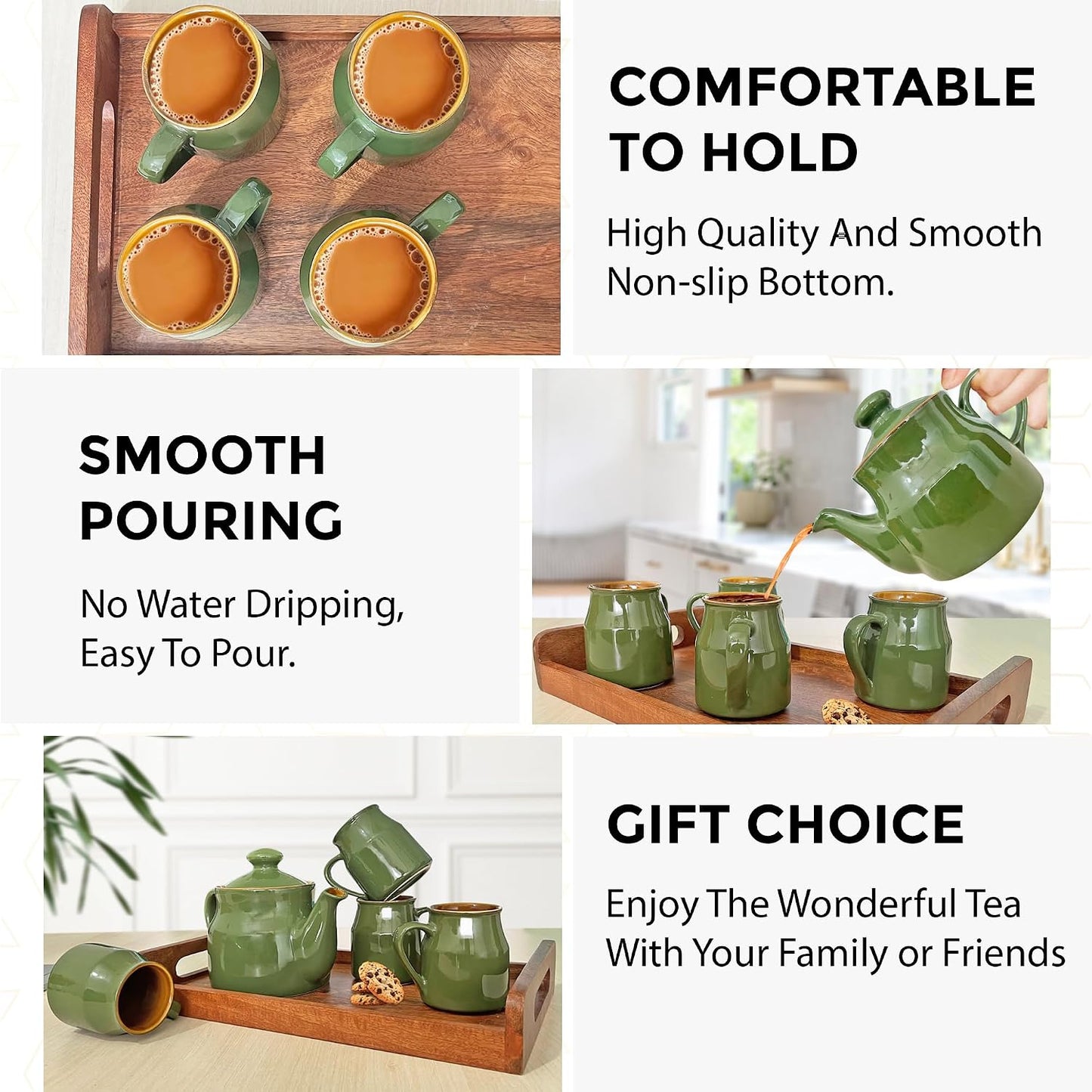 Pure Source India Ceramic Tea Cup Set with Kettle & Serving Tray | 4 Cups 200ml + 700ml Teapot + Tray | 6 Piece Tea Set for Gifting & Daily Use