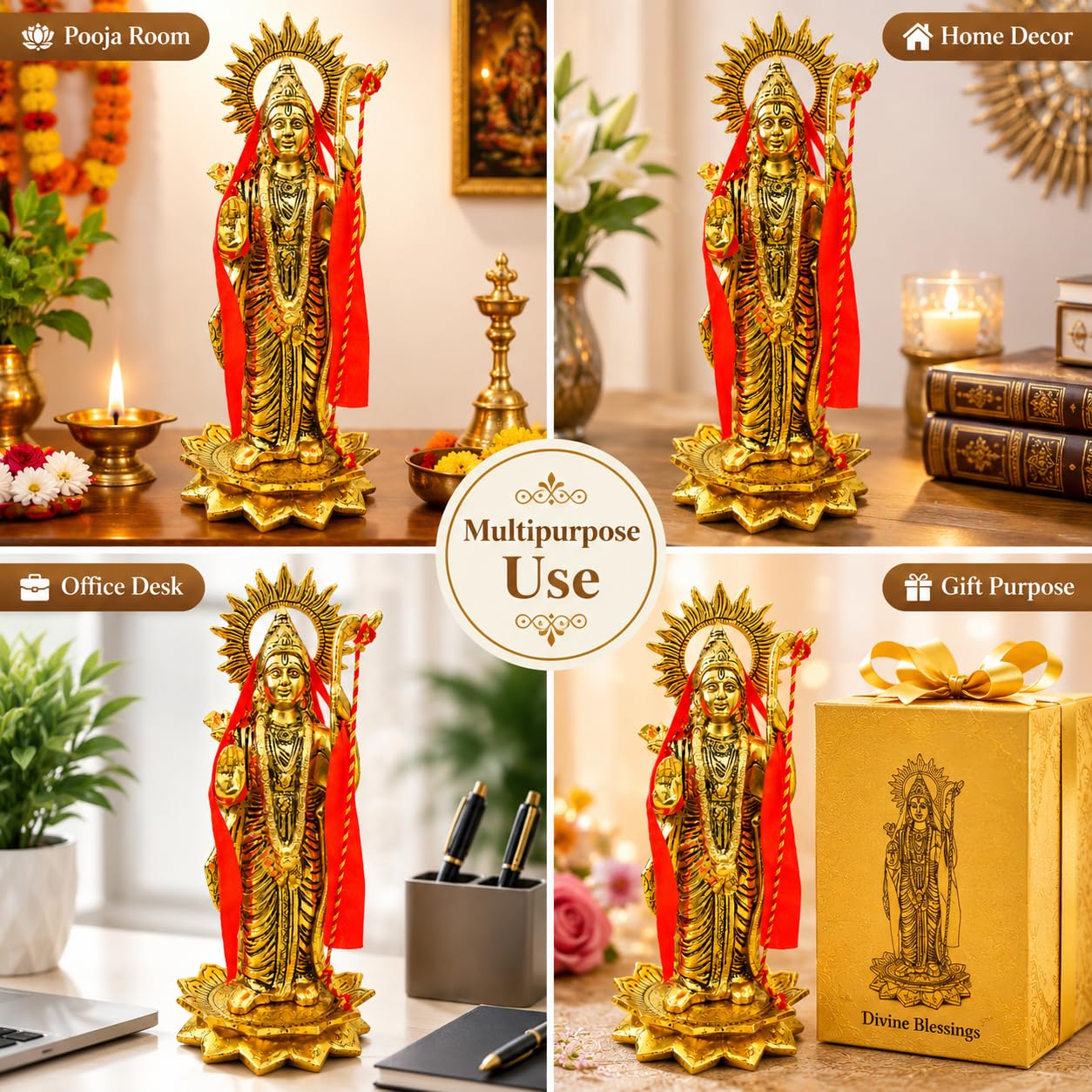 12 Inch Brass Lord Ram Idol Statue | Premium Handmade Ram Murti for Home Temple, Pooja Room, Office Desk & Gifting | Religious Decorative Showpiece