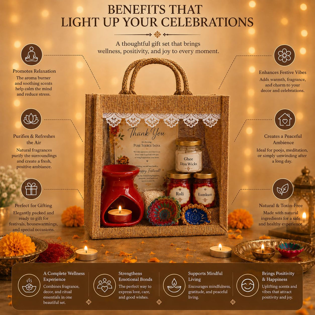 Pure Source India Diwali Pooja Gift Set with Roli Kumkum & Ghee Wicks Complete Diwali pooja and gifting combo (Red)