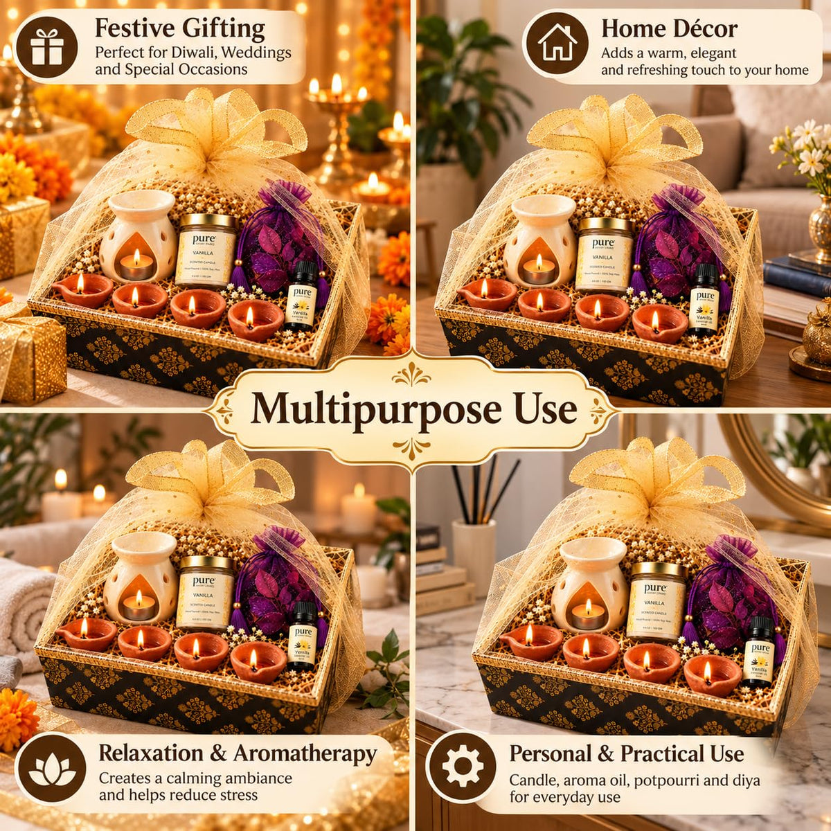 Pure Source India Diwali Corporate Gift Hamper | Premium White Aroma Burner, Candle, Essential Oil, Potli & 3 Diyas