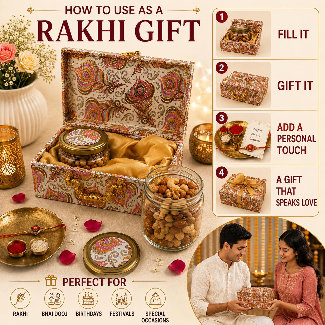 Pure Source India Empty Dry Fruit Gift Box with 2 Airtight Glass Jars | Luxury Hamper Box with Satin Lining | Reusable for Dry Fruits, Wedding, Diwali, Rakhi & Corporate Gifts