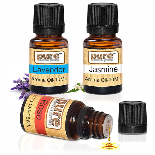 Pure Source India Aroma Essential Oil 3 in 1 No Chemical, Therapist Grade (Lavender, Jasmine, Rose) 10 ML Each.