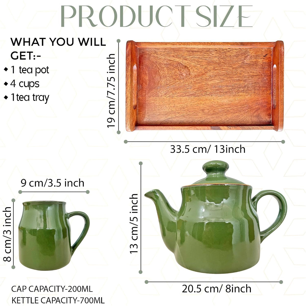 Pure Source India Ceramic Tea Cup Set with Kettle & Serving Tray | 4 Cups 200ml + 700ml Teapot + Tray | 6 Piece Tea Set for Gifting & Daily Use