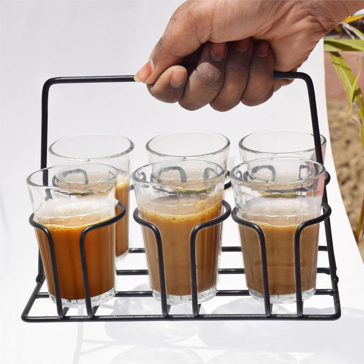 Pure Source India Cutting Chai Glasses with Iron Stand, Set of 6 | 120ml Transparent Tea Glasses for Home, Kitchen, Café, Restaurant & Dhaba | Chai Cups for Serving Tea & Coffee