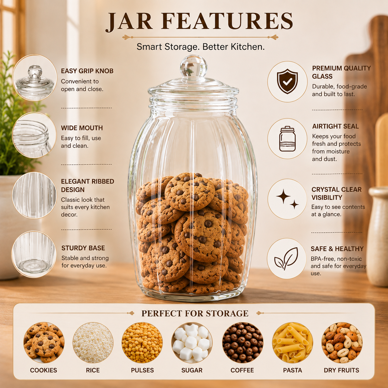 Pure Source India (2.5L) (Height-29cm) Hexagon Glass Jar with Airtight Lid for Food Storage Spices/Dry Fruits/Pulses/Cookies