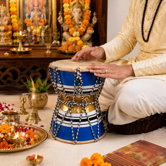 Pure Source India Wooden Damru Drum | Handmade Traditional Indian Musical Instrument | Double-Sided Percussion Drum for Kids & Adults | Bhajan, Meditation, Pooja, Festivals & Home Decor