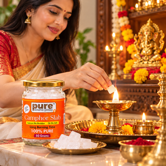 Pure Source India 100% Pure Natural Camphor Slab 50g | Long Burning Camphor for Pooja, Aarti & Home Fragrance