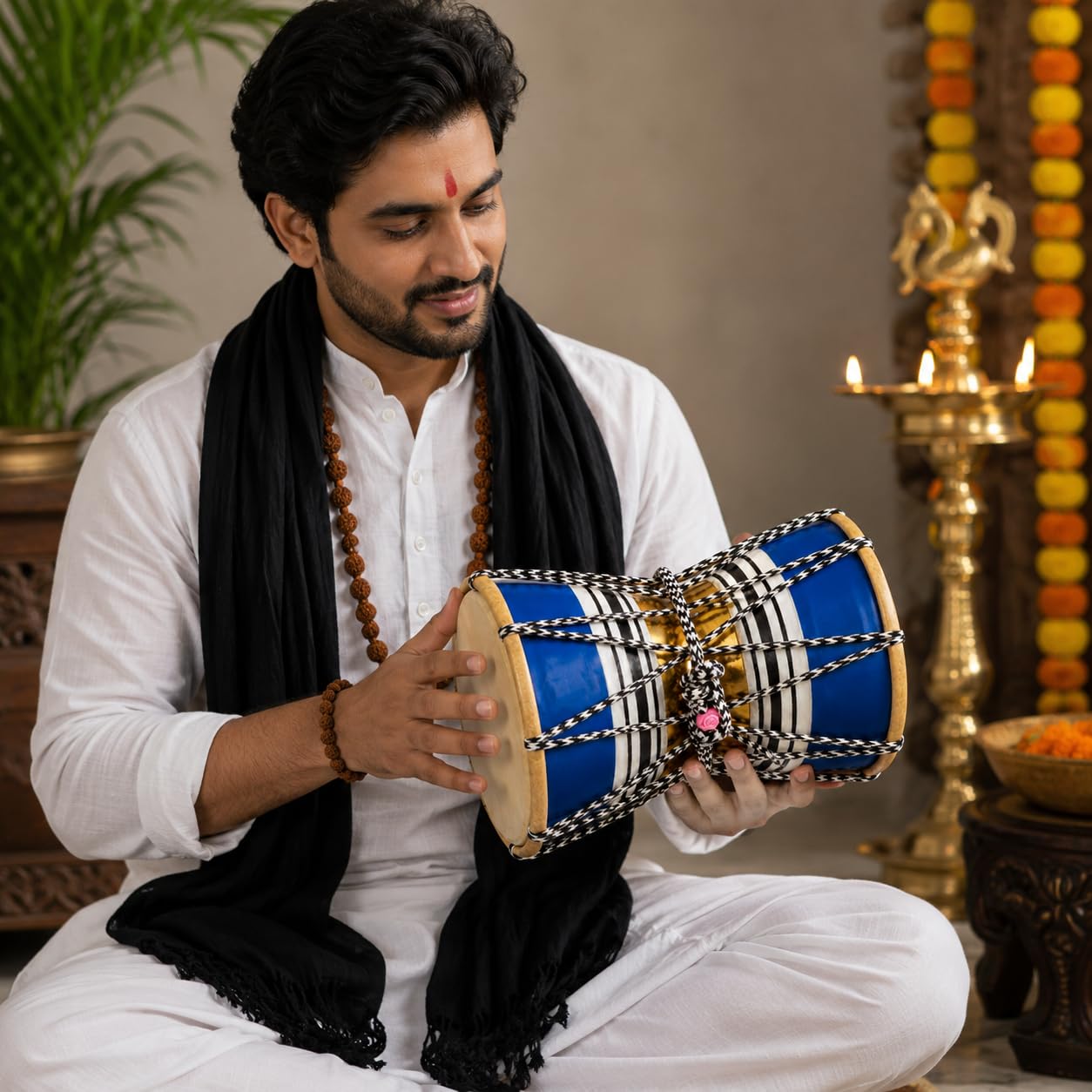 Pure Source India Wooden Damru Drum | Handmade Traditional Indian Musical Instrument | Double-Sided Percussion Drum for Kids & Adults | Bhajan, Meditation, Pooja, Festivals & Home Decor