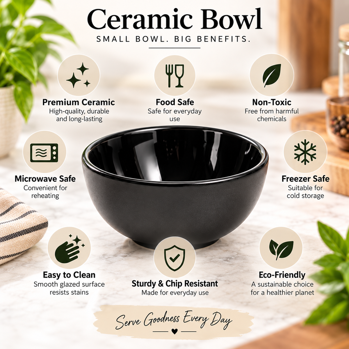 Pure Source India 200ml Black Ceramic Bowl for Serving & Dining | Premium Ceramic Serving Bowl | Food-Safe Kitchen Bowl
