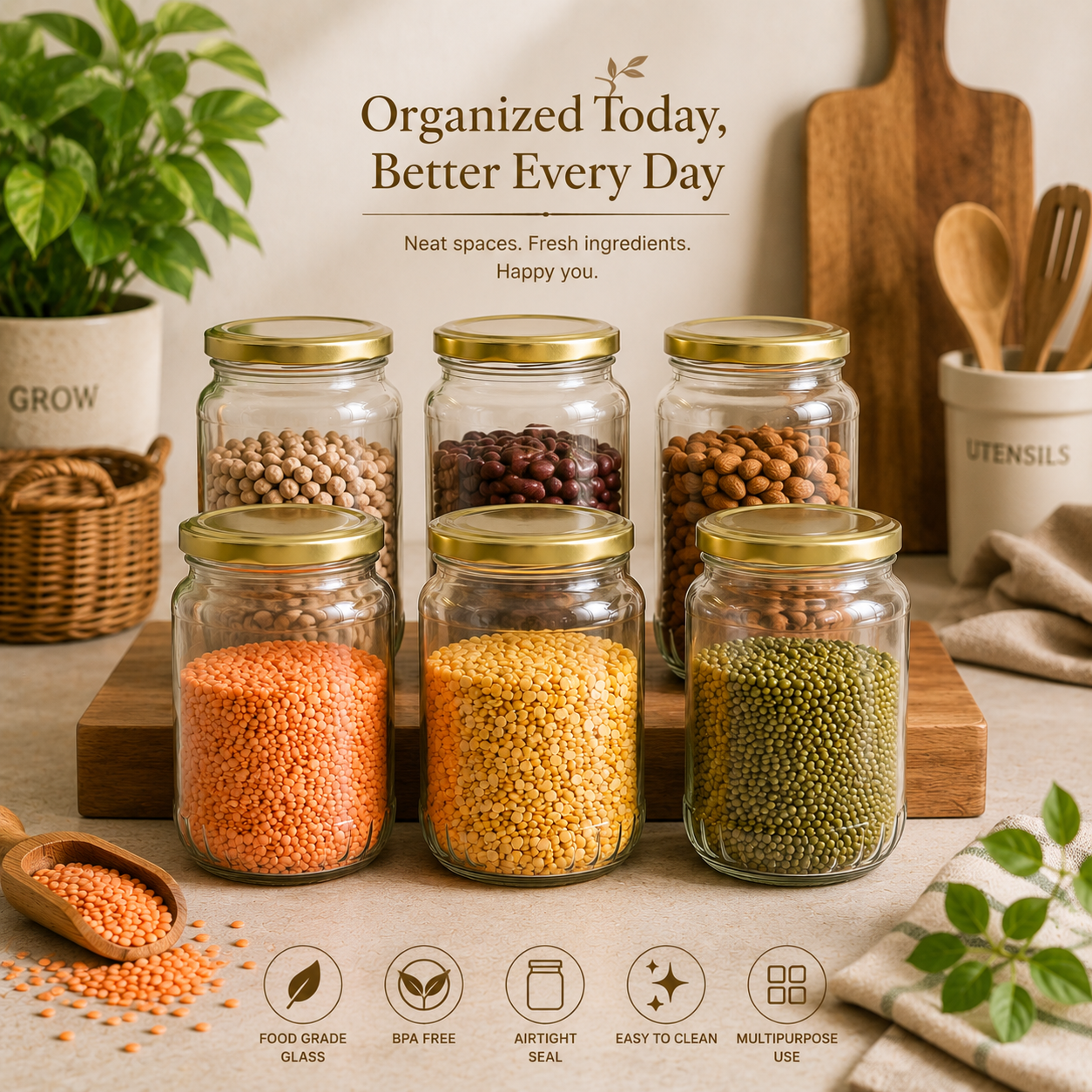 Pure Source India 500gm Round ,Glass Jar with Gold Lug Cap | Airtight Food Storage Jar for Honey, Jam, Pickles, Spices & Preserves