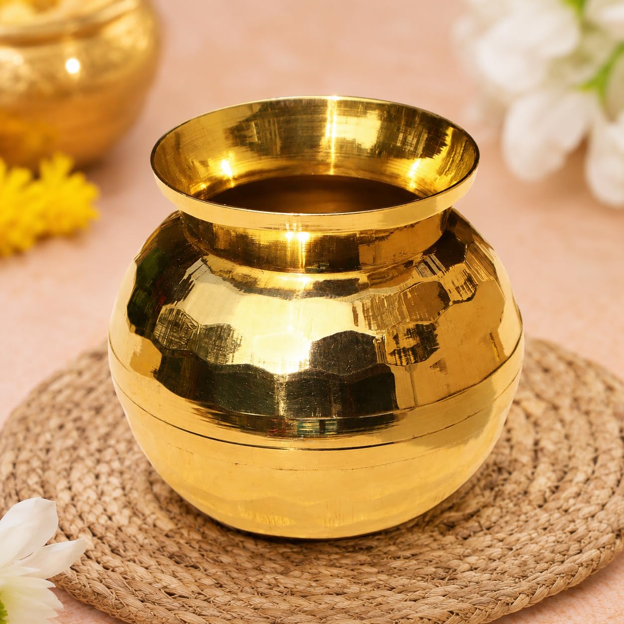 Pure Source India Diamond Cut Brass Lota for Puja | Brass Kalash 500 ML | 4 Inch Gold Finish Traditional Pooja Lota | Hindu Religious Pooja Item & Home Temple Decoration