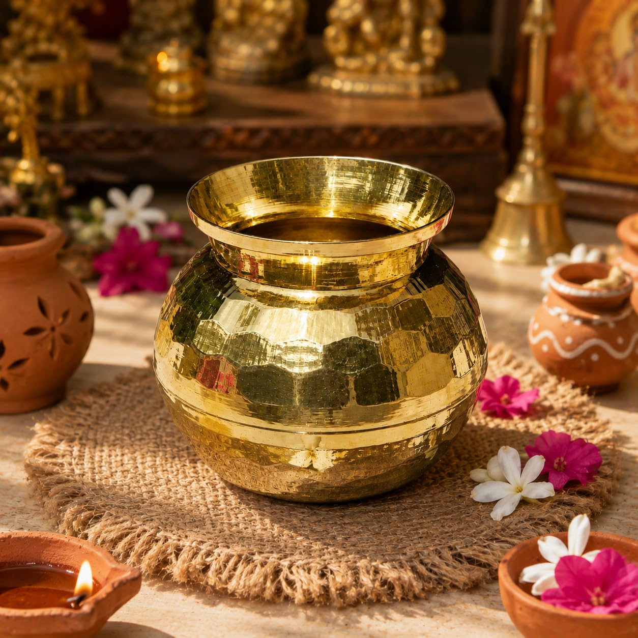 Pure Source India Diamond Cut Brass Lota for Puja | Brass Kalash 500 ML | 4 Inch Gold Finish Traditional Pooja Lota | Hindu Religious Pooja Item & Home Temple Decoration