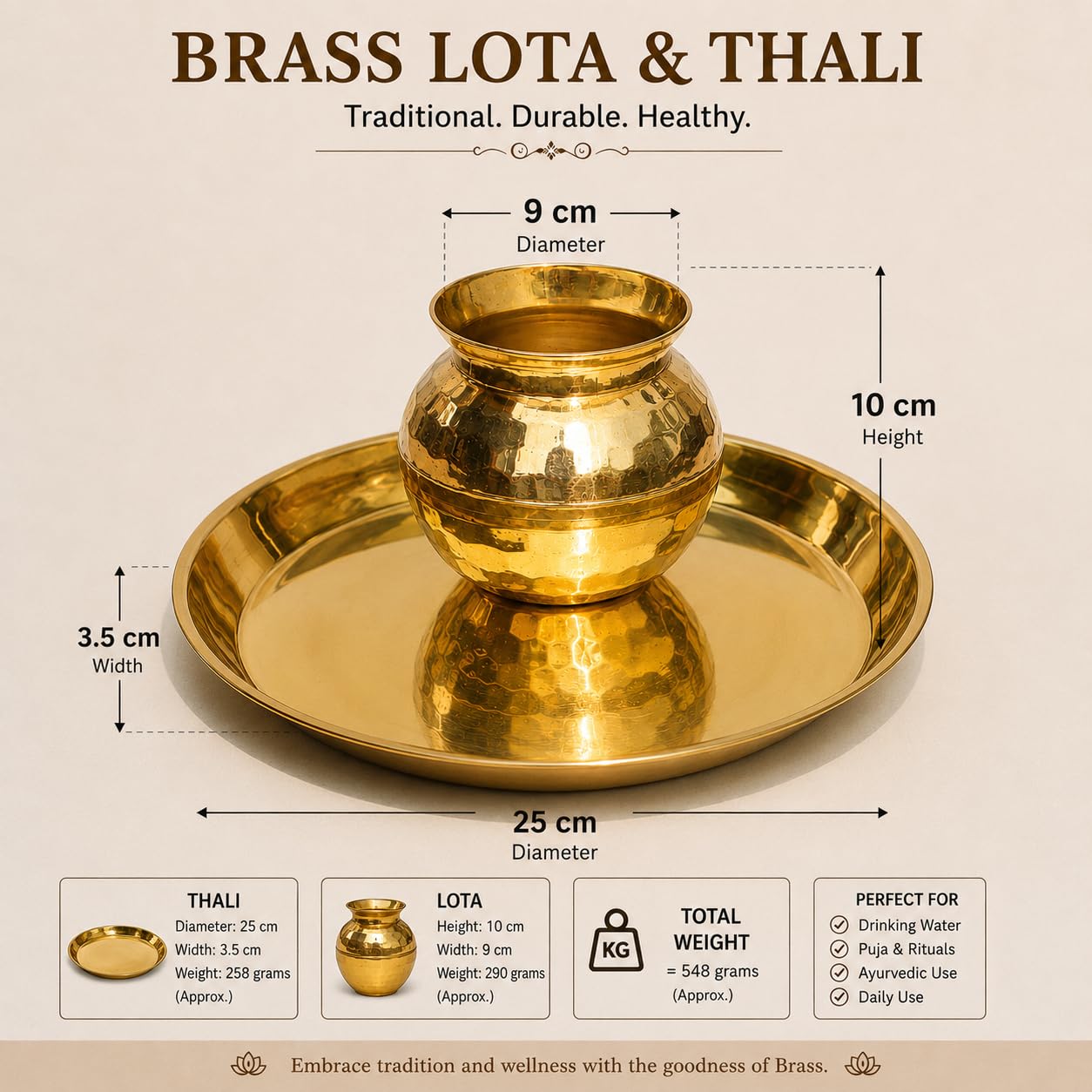 Pure Source India Pure Brass Pooja Thali with Lota, 10 Inch Traditional Puja Plate & Kalash Set | Brass Thali for Pooja, Aarti, Diwali, Wedding, Housewarming & Religious Ceremonies