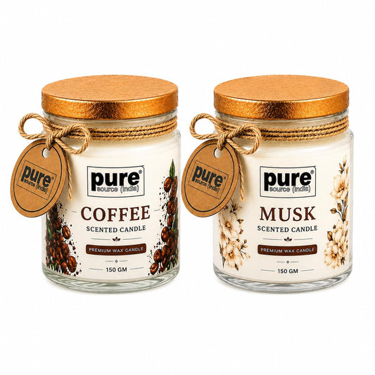 Pure Source India Scented Jar Candle Set of 2 (Coffee & Musk) | 150g Each | Premium Wax Candles | 35-40 Hours Burn Time | Aromatherapy Candles for Home Decor, Diwali, Bedroom, Spa & Gifts